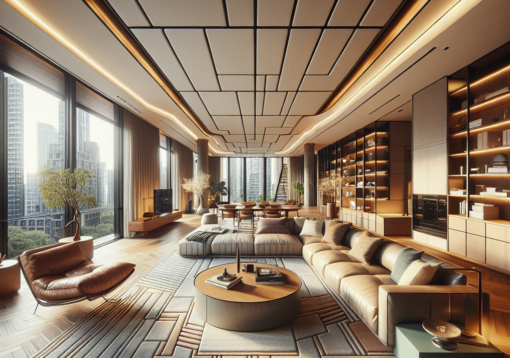 Salon contemporain haut de gamme avec design épuré et mobilier luxueux illustrant la conciergerie Airbnb et le service conciergerie airbnb premium.