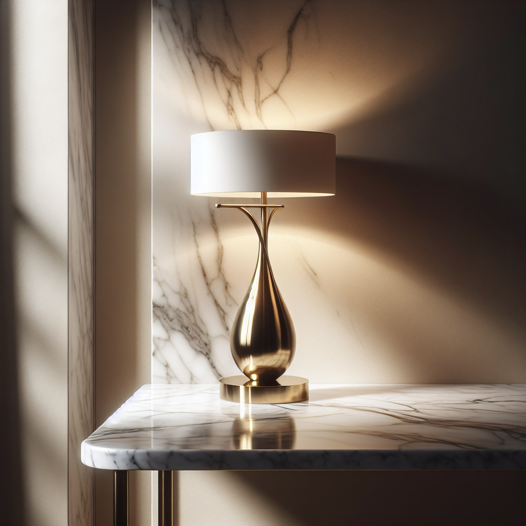 Gros plan sur luminaire laiton et console marbre illustrant détail et qualité de la conciergerie professionnelle en service hôtelier airbnb.